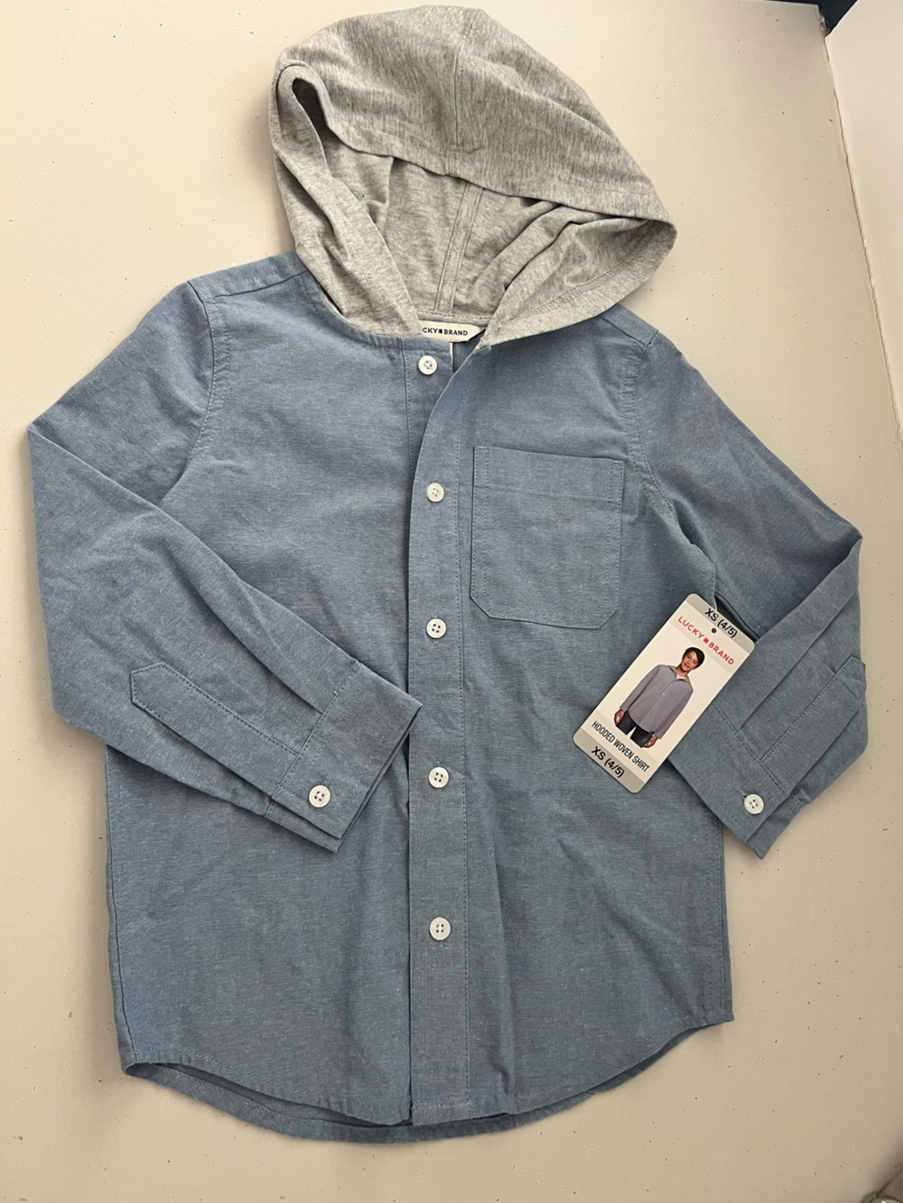 NWT Lucky Brand Boys Kid XS 4/5 Blue Chambray Hooded Button Up Shirt 100% Cotton